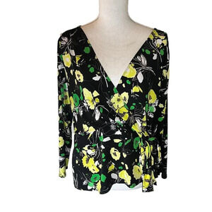 Mix It Floral Blouse Plus Size 1X Draped V Neck Floral Black Green White Yellow